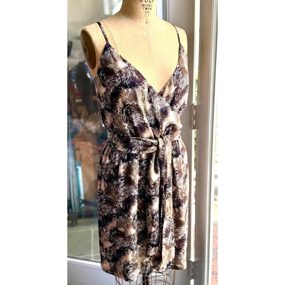 Halston Heritage 100% Silk Brown & Cream Abstract Sleeveless Mini Dress Size 4